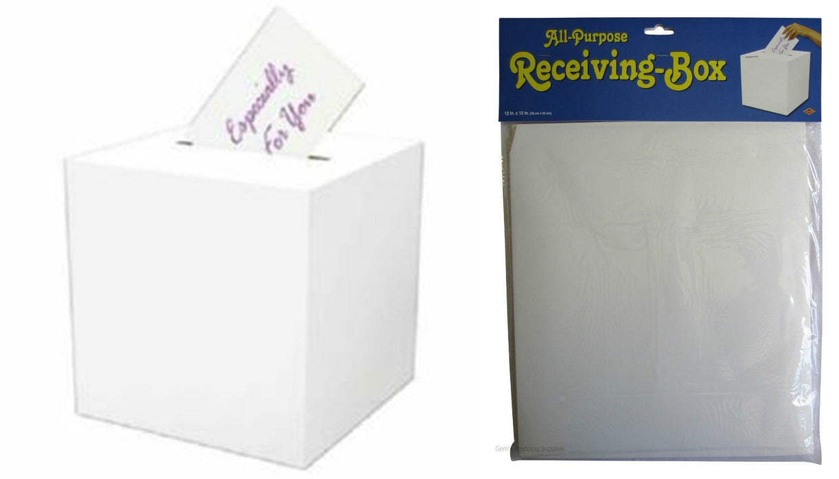 Two white cube-shaped receiving boxes shown side by side, with one displaying a slot opening labeled "Congrats" and "For You" in purple text, and the other shown in packaging with a navy blue header reading "All-Purpose Receiving-Box" measuring 12 by 12 by 12 inches.