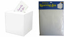 Two white cube-shaped receiving boxes shown side by side, with one displaying a slot opening labeled "Congrats" and "For You" in purple text, and the other shown in packaging with a navy blue header reading "All-Purpose Receiving-Box" measuring 12 by 12 by 12 inches.