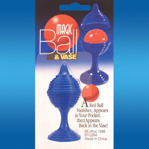 Magic Ball & Vase package showing a blue ribbed vase with a red ball that vanishes and reappears, displayed against a blue background with product instructions.