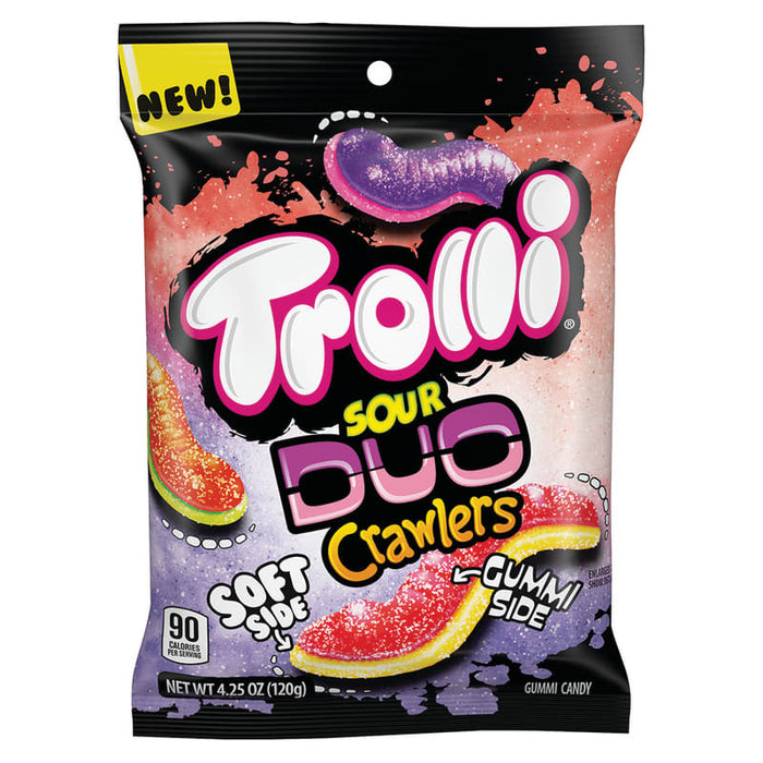 Trolli Sour Duo Crawlers: soft sour gummy crawlers. Sold in a 4.25 oz clear plastic peg bag that hangs from a printed header card, with the candy visible inside.
