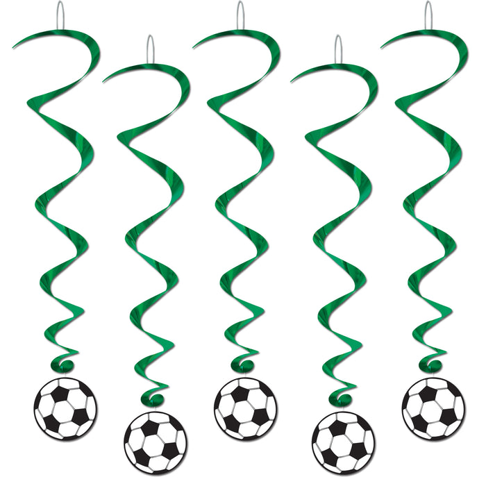 A cluster of hanging swirl decorations featuring a soccer ball design. Comes in a pack of 5.