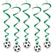 A cluster of hanging swirl decorations featuring a soccer ball design. Comes in a pack of 5.