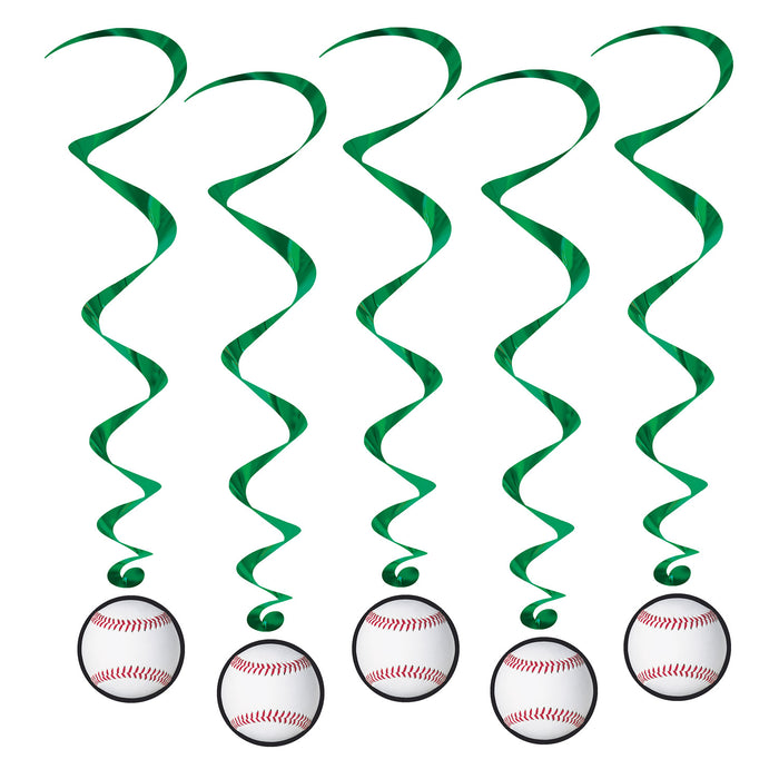 A cluster of hanging swirl decorations featuring a baseball design. Comes in a pack of 5.