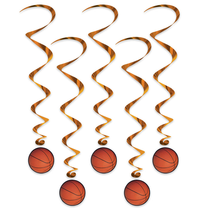 A cluster of hanging swirl decorations featuring a basketball design. Comes in a pack of 5.