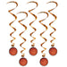 A cluster of hanging swirl decorations featuring a basketball design. Comes in a pack of 5.