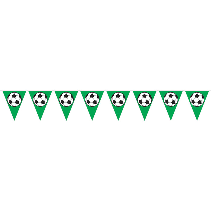 A pennant banner of triangular flags printed with a soccer ball design. Sold as a single piece.