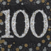 Sparkling Celebration Beverage Napkins Age 100 featuring a black background with a large silver 100, gold stars, sparkles, and gold and silver confetti.