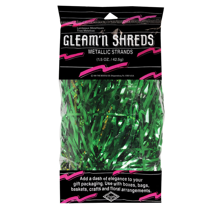 A metallic party decoration featuring a shreds strands design. Sold as a single piece.