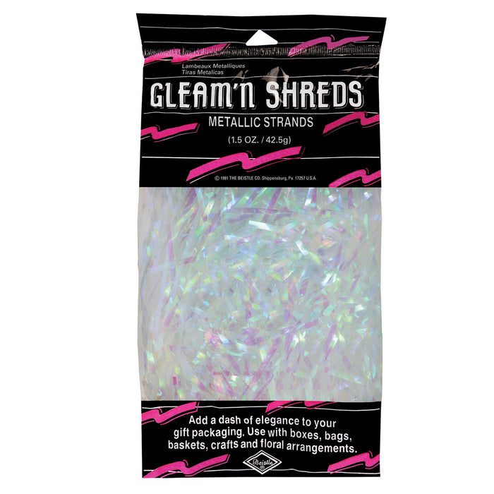 A metallic party decoration featuring a shreds strands design. Sold as a single piece.