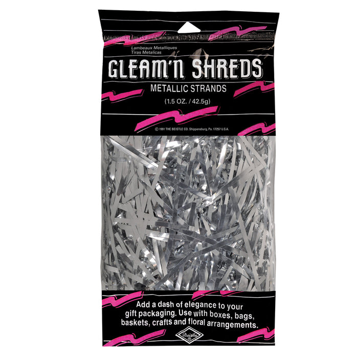 A metallic party decoration featuring a shreds strands design. Sold as a single piece.