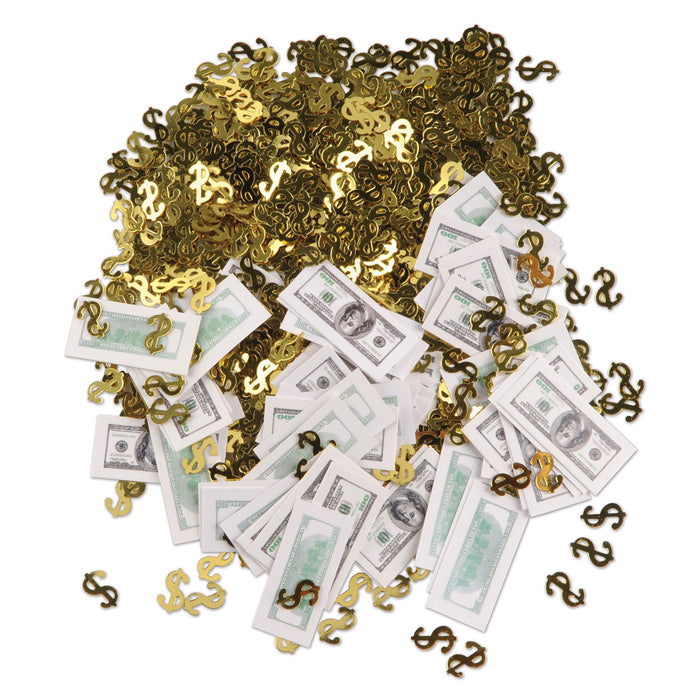 A party decoration featuring a big bucks print-fetti design. Sold as a single piece.
