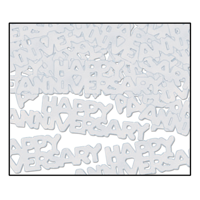A scattered metallic confetti pieces featuring a happy anniversary design. Sold as a single piece.
