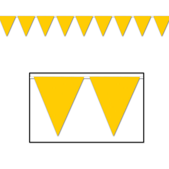 A yellow pennant banner of triangular flags printed with a golden design. Sold as a single piece.