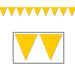 A yellow pennant banner of triangular flags printed with a golden design. Sold as a single piece.