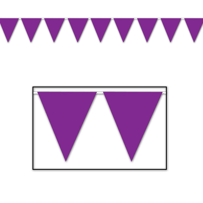 A purple pennant banner of triangular flags. Sold as a single piece.