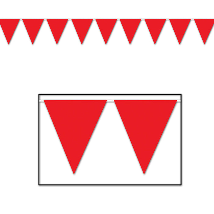 A red pennant banner of triangular flags. Sold as a single piece.