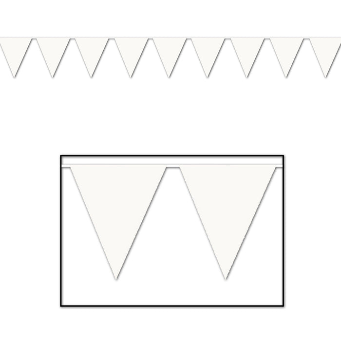 A white pennant banner of triangular flags. Sold as a single piece.