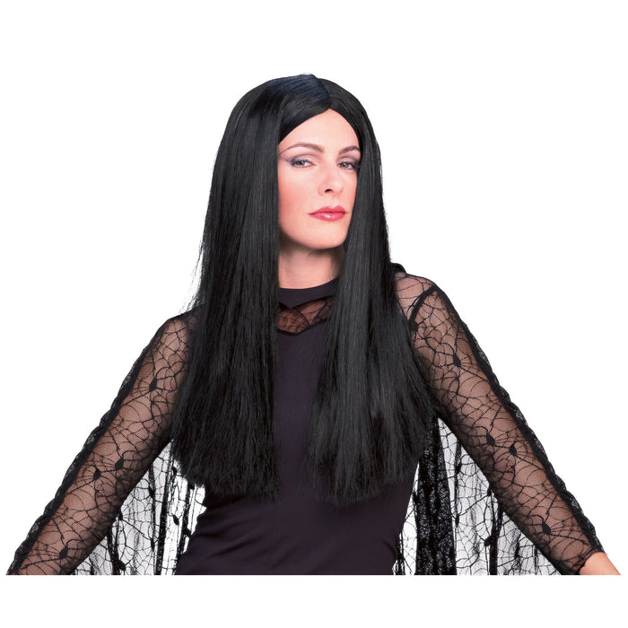 Adult Morticia Wig shown against a plain white background — a Halloween costume accessory.