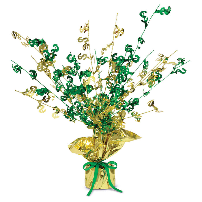 A 3-D table centerpiece featuring a $ ' burst design. Sold as a single piece.
