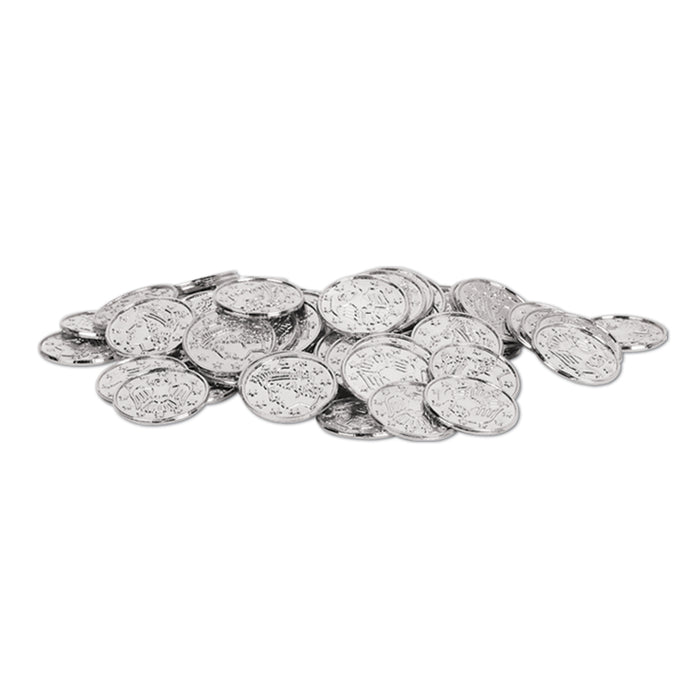 A pile of plastic coins. Comes in a pack of 100.