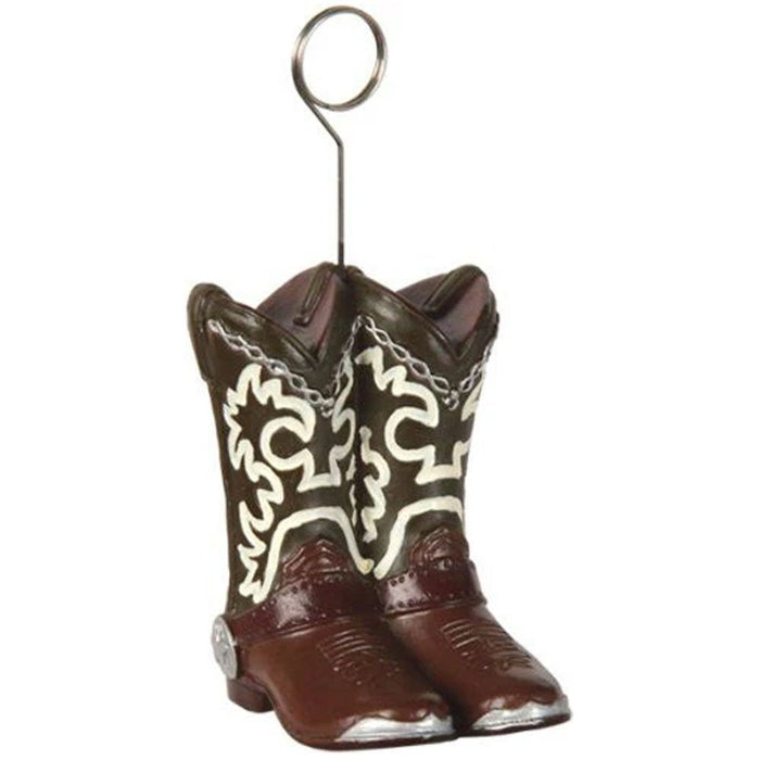 Decorative cowboy boot balloon weight in burgundy leather with cream embroidered western patterns, featuring a metal wire loop on top for holding balloon strings.