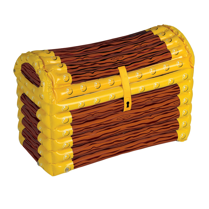 An inflatable party decoration featuring a treasure chest cooler design. Sold as a single piece.