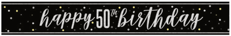 Black banner with white and gold confetti dots featuring white script text reading "happy 50th birthday" with decorative elements.