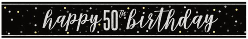 Black banner with white and gold confetti dots featuring white script text reading "happy 50th birthday" with decorative elements.