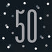 Black lunch napkins with large gray "50" numerals surrounded by silver and white confetti dots in the center and corners.