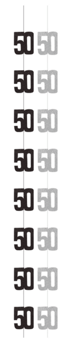 Six hanging decorations featuring the number 50 in alternating black and gray, displayed vertically on strings against a white background.