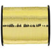 Roll of gold curling ribbon with black handles on each end, displaying the shiny yellow material wound on a spool.