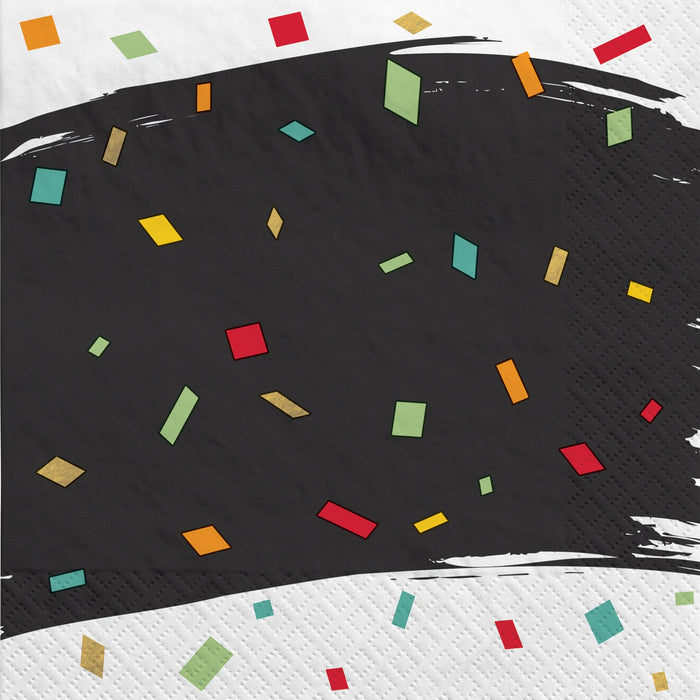 Officially Retirement Luncheon Napkins with a black brushstroke design, colorful confetti accents, and a white background.