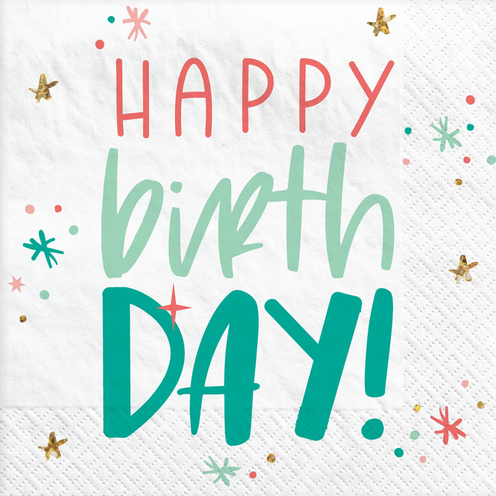 Happy Cake Day Luncheon Napkins featuring colorful Happy Birth Day lettering with starburst, confetti, and gold accent details.
