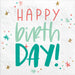 Happy Cake Day Luncheon Napkins featuring colorful Happy Birth Day lettering with starburst, confetti, and gold accent details.