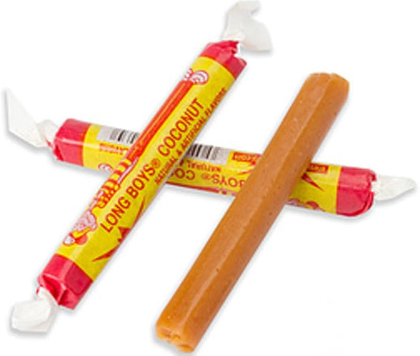 Coconut Long Boys: a chewy coconut candy bar. Individually wrapped, 0.39 oz size.