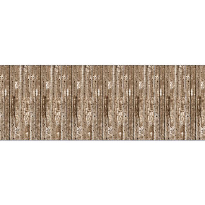 A large printed scene-setter backdrop printed with a barn siding design. Sold as a single piece.