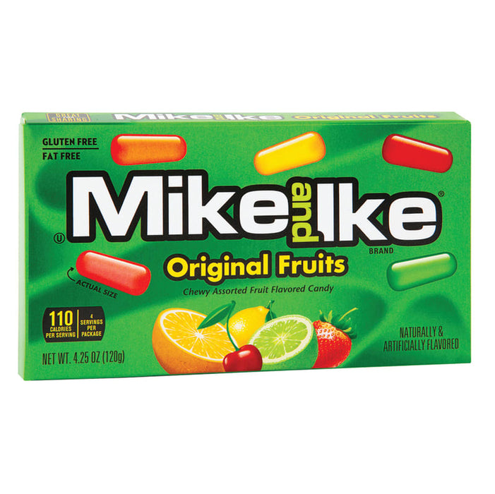 Mike And Ike Original Fruits: chewy fruit candy, in a mix of bright colors. Sold in a 4.25 oz rectangular cardboard theater box, printed with the brand name and product.