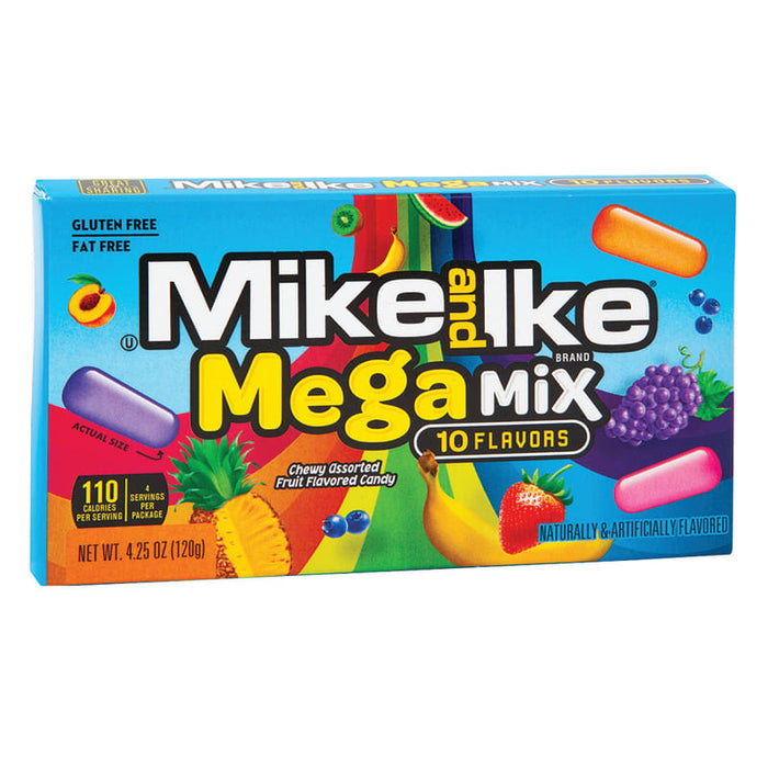 Mike And Ike Mega Mix: chewy fruit candy, in a mix of bright colors. Sold in a 4.25 oz rectangular cardboard theater box, printed with the brand name and product.