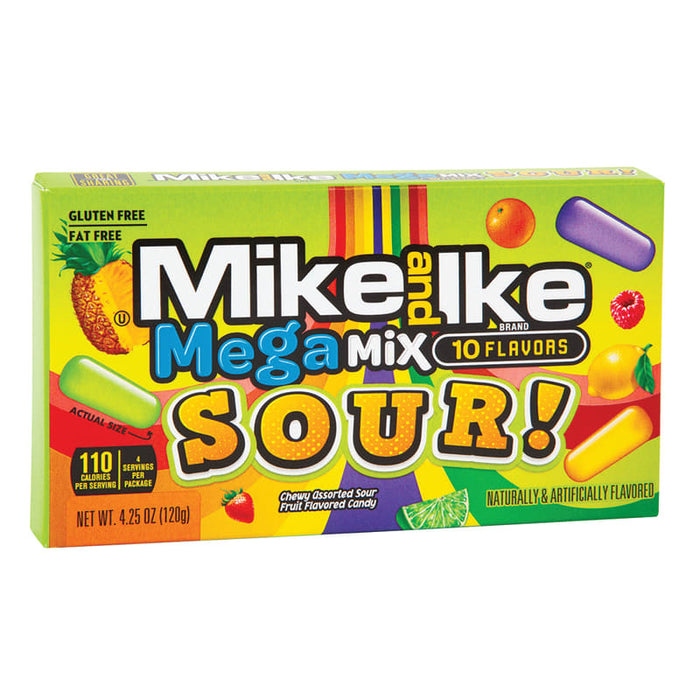 Mike And Ike Mega Mix Sour: sour candy, in a mix of bright colors. Sold in a 4.25 oz rectangular cardboard theater box, printed with the brand name and product.