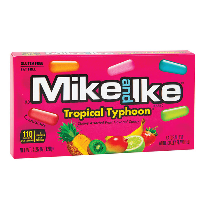 Mike And Ike Tropical Typhoon: chewy fruit candy, in a mix of bright colors. Sold in a 4.25 oz rectangular cardboard theater box, printed with the brand name and product.