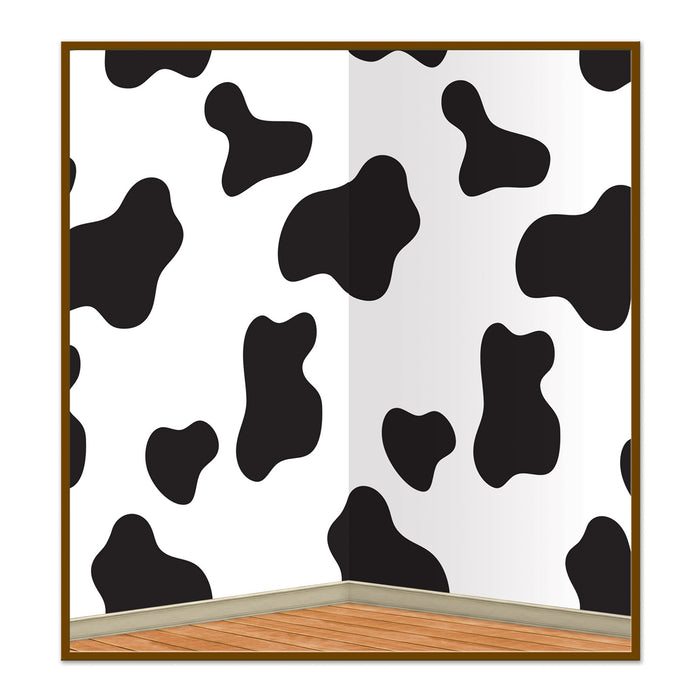 A large printed scene-setter backdrop printed with a cow print design. Sold as a single piece.