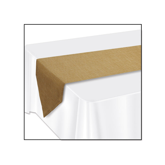 A table runner printed with a faux burlaptable runner design. Sold as a single piece.