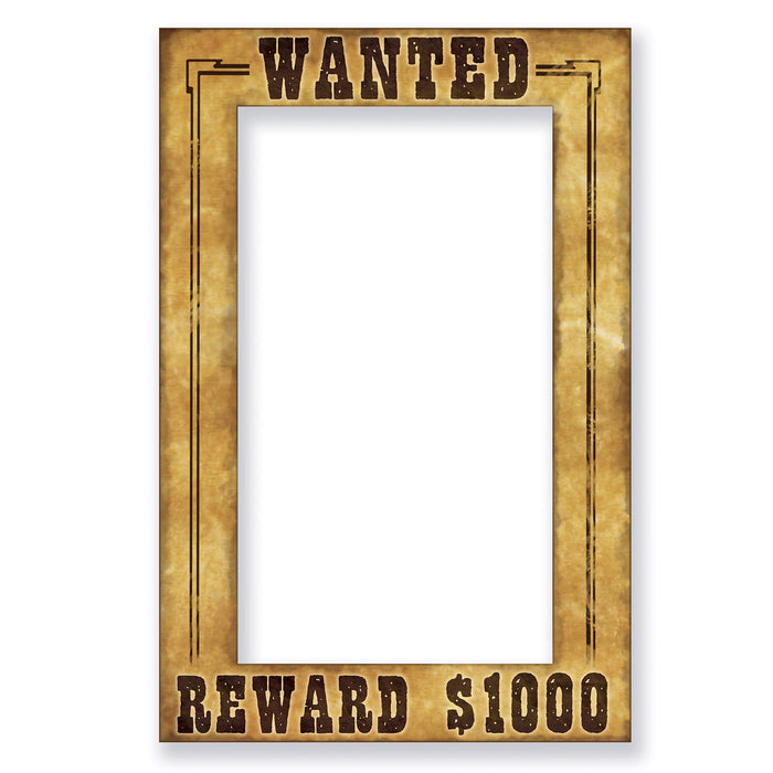 A photo-booth frame printed with a western wanted design. Sold as a single piece.