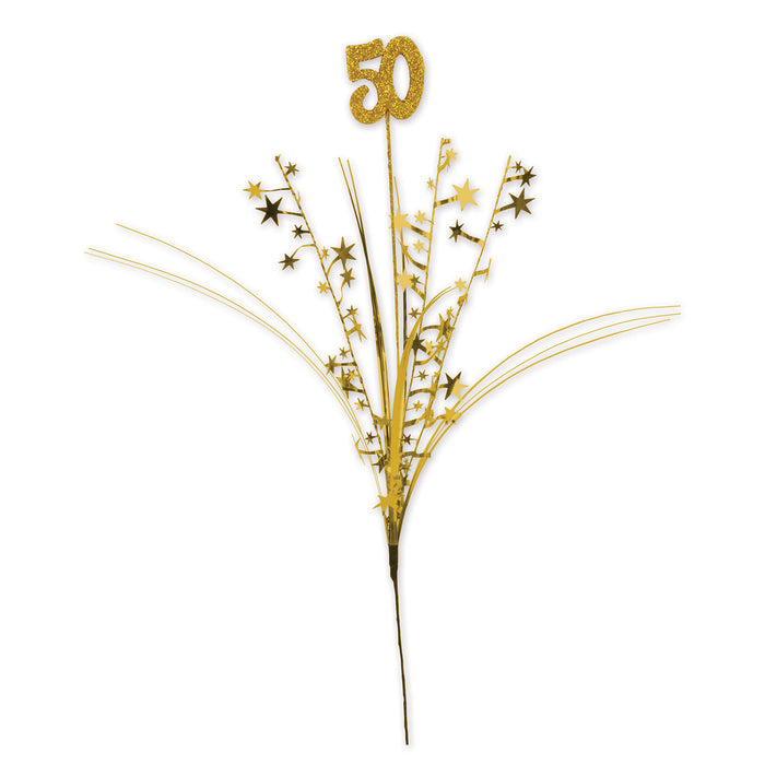 A metallic party decoration featuring a 50 star spray design. Sold as a single piece.