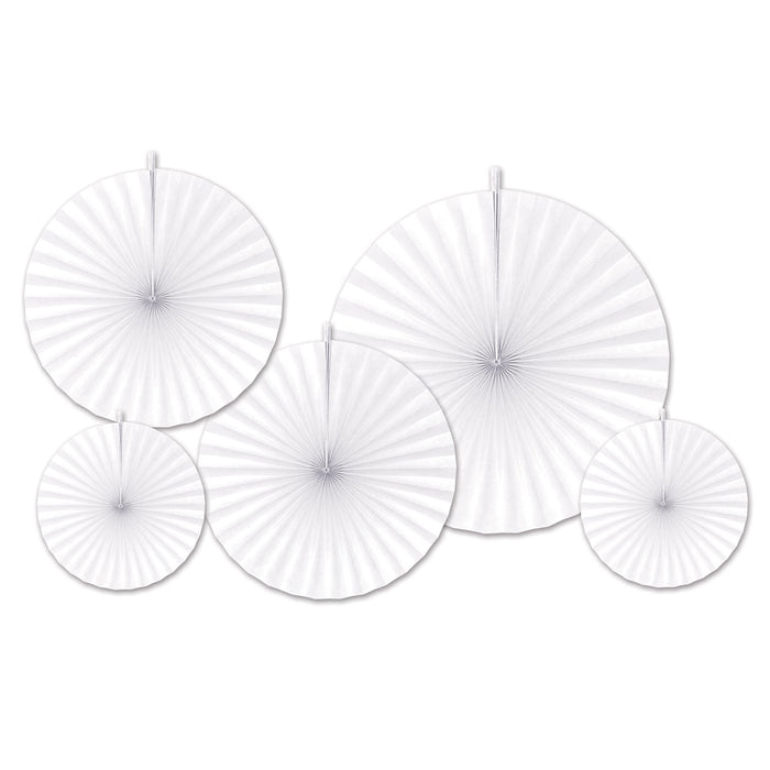 A folded paper fan decoration featuring a accordion design. Comes in a pack of 5.