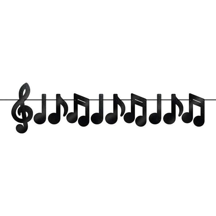 A foil coiled hanging streamer featuring a musical notes design. Sold as a single piece.