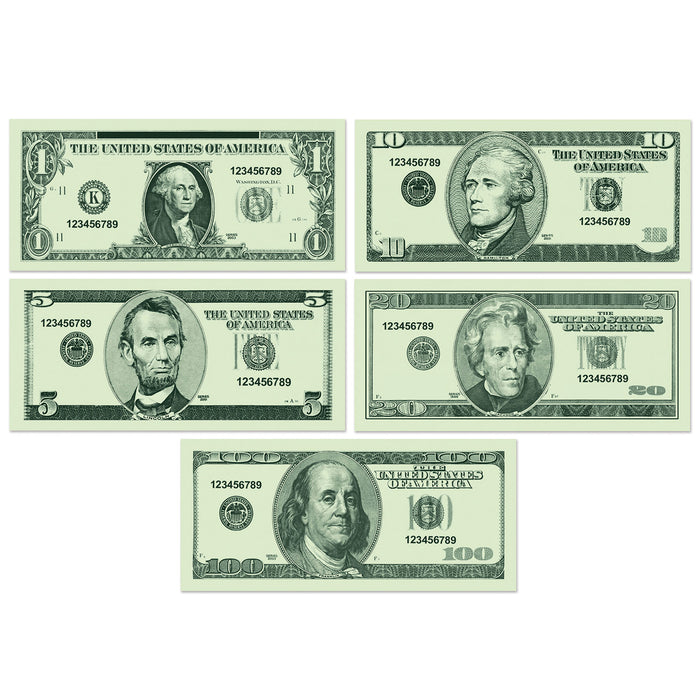 A stack of play money printed with a casino design. Comes in a pack of 100.