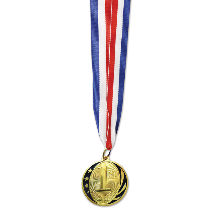 An award medal on a neck ribbon featuring a 1st place design. Sold as a single piece.