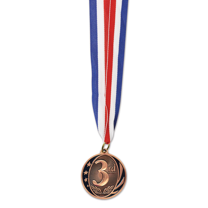 An award medal on a neck ribbon featuring a 3rd place design. Sold as a single piece.