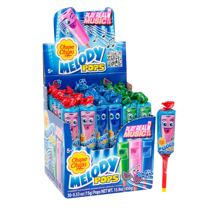 Cupa Chups Melody Pops Assorted: a whistle-shaped lollipop, in a mix of bright colors. Individually wrapped, 0.53 oz size.